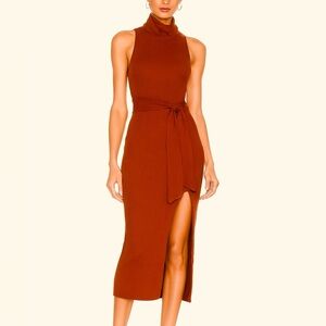 REVOLVE NBD Mock Turtleneck Midi Sweater Dress Sleeveless Belt Earthy Rust Sz M